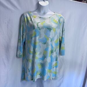 JM Collection XXL Blue Green Abstract Floral 3/4 Sleeve Textured Tunic Top